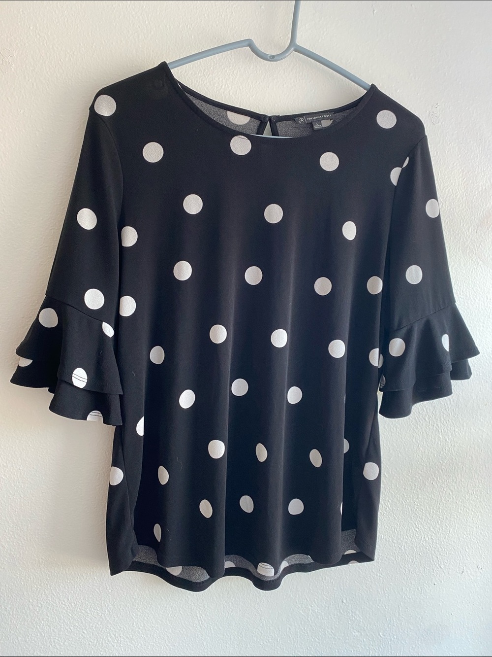 Adrianna Papell Black Polka Dot Ruffle Sleeve Blouse